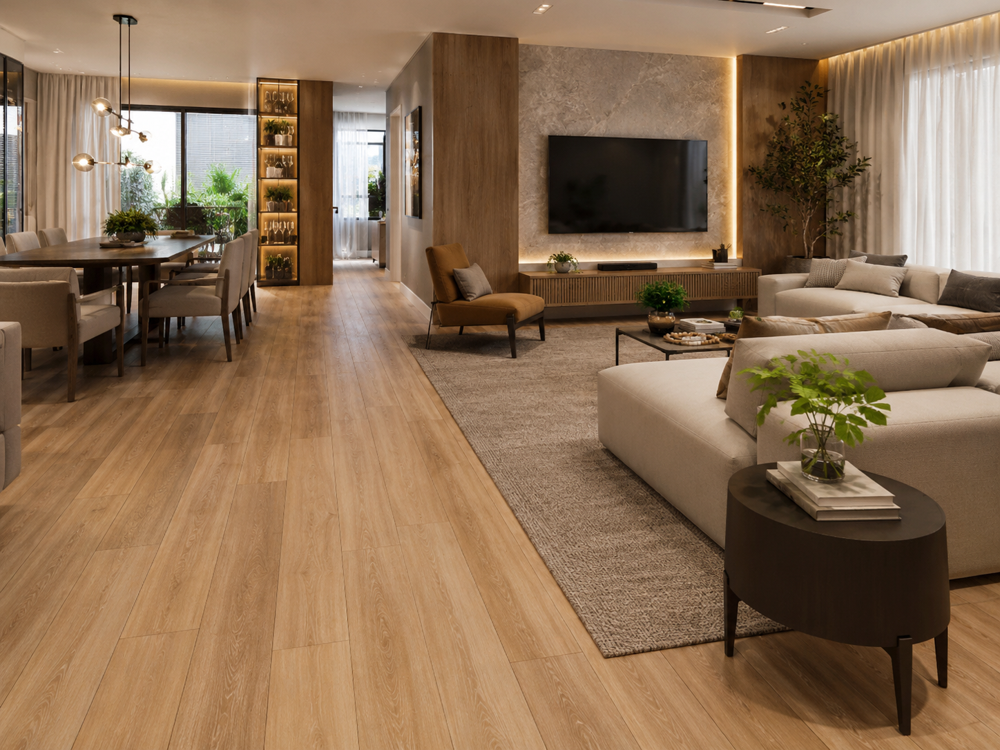 Piso vinílico em régua amadeirado em ambiente sofisticado